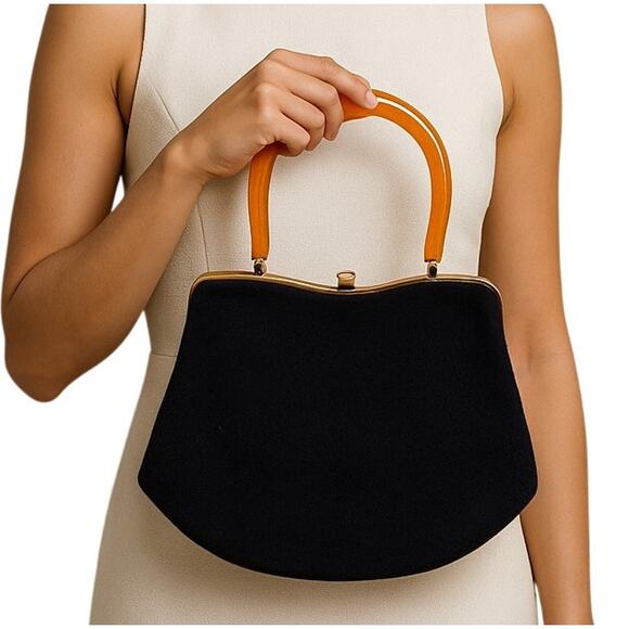 Vintage Morris Moskowitz Black Wool Purse Brownish orange lucite handle - Picture 1 of 10